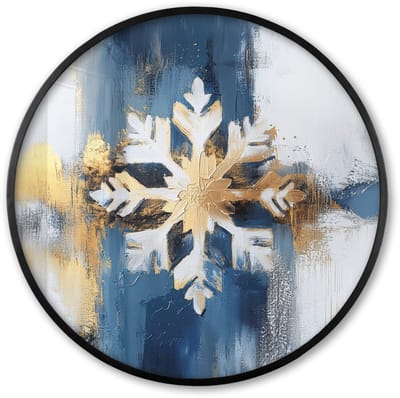 Poster in lijst Rond - Fotolijst 60x60 cm - Posters - Abstract - Winter - Sneeuwvlok - Sneeuw - Goud - Ronde posterlijst zwart - Decoratie - Wanddecoratie woonkamer - Muurdecoratie slaapkamer