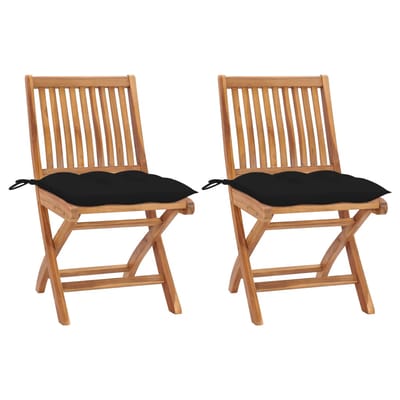 vidaXL - Inklapbare - stoelen - 2 - st - met - zwarte - kussens - massief - teakhout
