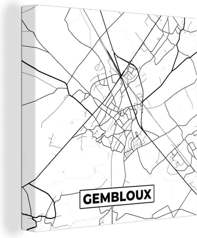 Canvas Schilderij Stadskaart – Plattegrond – België – Zwart Wit – Gembloux – Kaart - 20x20 cm - Wanddecoratie
