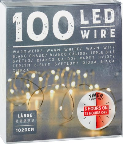 Draadverlichting lichtsnoer - 100 cm - 100 leds - warm wit - batterij - timer - kerstverlichting