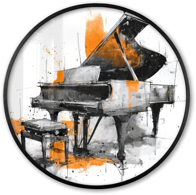 Poster in lijst Rond - Fotolijst 60x60 cm - Posters - Piano - Oranje - Zwart - schets lijnen - Ronde posterlijst zwart - Decoratie - Wanddecoratie woonkamer - Muurdecoratie slaapkamer