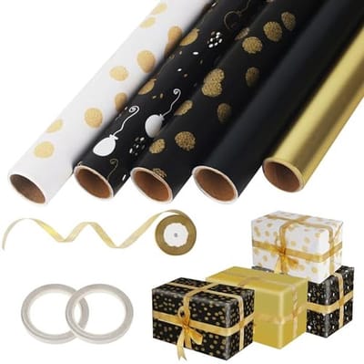 Cadeaupapierset 5 rollen voor Kerst, Bruiloft & Verjaardag - Inclusief Lint & Dubbelzijdig Plakband