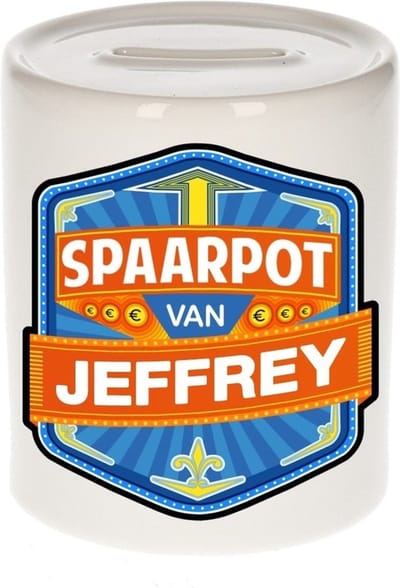 Bellatio Decorations Kinder spaarpot met naam - Jeffrey - keramiek - met dop - wit - Sparen - Spaargeld van Jeffrey