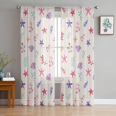 Bloemen Bladeren Verloop Schelpen Zeesterren Voile Transparante Gordijnen Woonkamer Raam Tule Gordijn Keuken Slaapkamer Gordijnen Huisdecoratie 135W x 114H(cm)