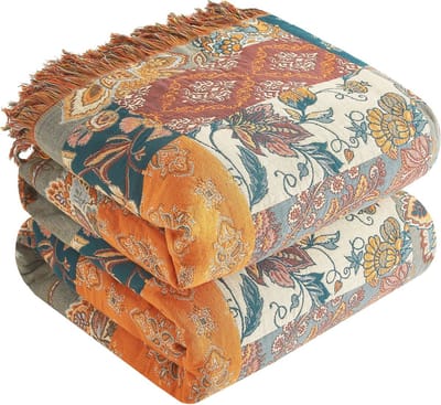Dubbelzijdige Boho Deken 200 x 230 cm – Katoenen Dekbed met Franjes, Reversible Sofa Blanket, Cuddly Patchwork Flower Dekbedovertrek