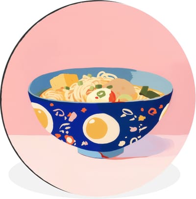 WallCircle - Wandcirkel - Muurcirkel - Noodles - Kom - Blauw - Illustratie - Aluminium - Dibond - 30x30 cm - Binnen en Buiten