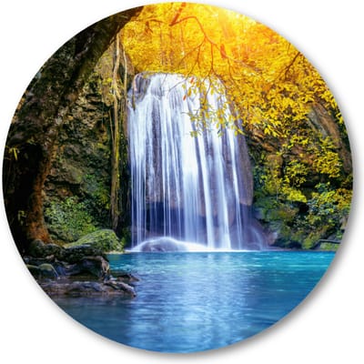Oase aan waterval - Erawan waterval in de herfst, Thailand - Muurcirkel 40cm - Wandcirkel voor buiten - Aluminium Dibond - Landschap - Natuur