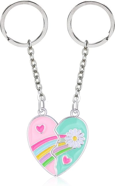 Bixorp Friends Hartje met Bloem BFF Sleutelhanger voor 2 - Roze/Blauw/Zilver - Magnetische Sleutel hanger Vriendschap Cadeau