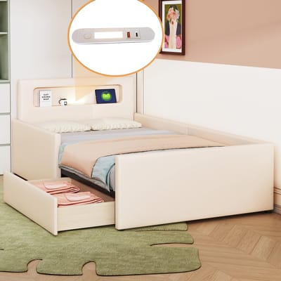 Kinderbed 90x200 cm met verlichting en USB-oplaadpoort - met opbergruimte - Inclusief uitvalbeveiliging - beige - zonder matras