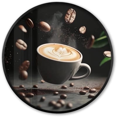 Poster in lijst Rond - Fotolijst 60x60 cm - Posters - Cappuccino - Kop - Bonen - Bruin - Ronde posterlijst zwart - Decoratie - Wanddecoratie woonkamer - Muurdecoratie slaapkamer