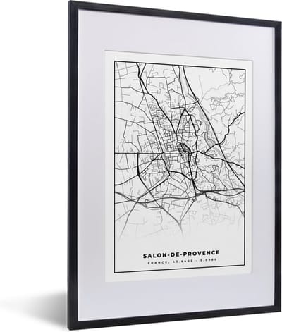 Fotolijst incl. Poster Zwart Wit- Stadskaart - Plattegrond - Kaart - Salon-de-Provence - Frankrijk - Zwart wit - 30x40 cm - Posterlijst