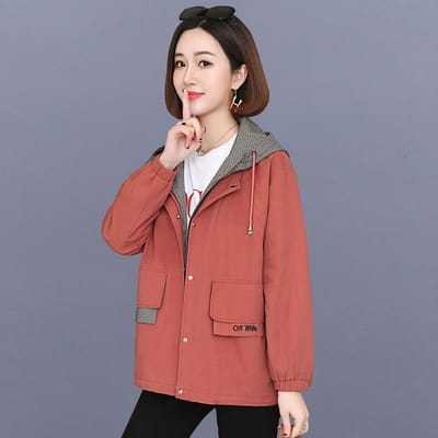 Lentejas Trenchcoats Dames Koreaanse Versie Losse Jas met Capuchon Kort Werkkleding Dames Tide Ins Herfst Alles-passend 4XL baksteenrode kleur