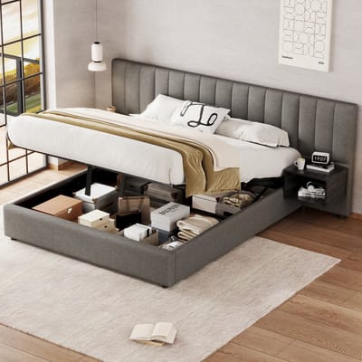 STILVORA Gestoffeerd Bed 160x200 cm – Hydraulische Opbergruimte – 2 Nachtkastjes Met Opbergruimte – Inclusief Lattenbodem – Zonder Matras – Grijs Zwart