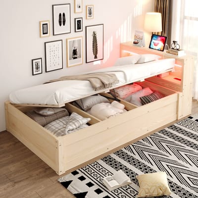 MIVRAY Eenpersoonsbed 90x200 cm - Zonder Matras met Led en Stopcontact - Hydraulische Opbergruimte - MDF - Houtkleur