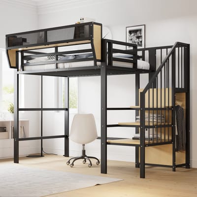 Metalen Hoogslaper 90x200 - Met Veiligheidsladder En Flexibele Opbergruimte - Zwart