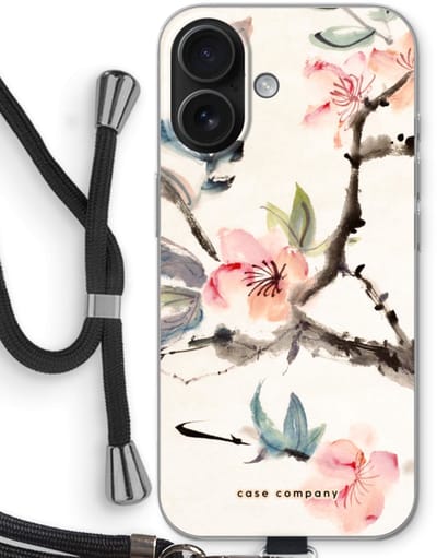 Case Company® - Hoesje met koord geschikt voor iPhone 16 hoesje met Koord - Japanse bloemen - Telefoonhoesje met Zwart Koord - Bescherming aan alle Kanten en Over de Schermrand