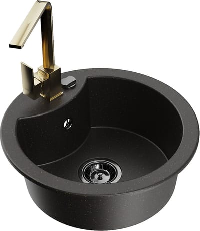 Mexen Diego granieten spoelbak 1-kompartment met keukenmengkraan Rita, zwart/goud metallic - 6512-75-670300-50-B
