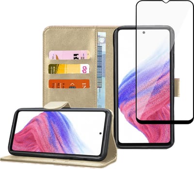 Geschikt voor Samsung A53 5G Book Case Hoesje - Screenprotector - Flip Portemonnee Goud met Full Cover Gehard Glas