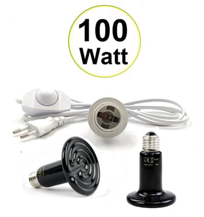 UniEgg® Keramische Lampenhouder met dimmer | 100cm snoer inclusief 100 watt XL keramische warmtelamp | Geschikt voor Keramische en infrarood Warmtelampen (E27) Kuikens, Reptielen, Amfibieën en andere diersoorten.