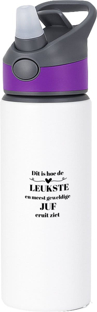 Hacebo® - dit is hoe de leukste en meest geweldige juf eruit ziet waterfles met rietje paars - Juf - leraressen - verjaardag - cadeautje voor juf - juf artikelen - kado - geschenk - collega's - water fles - 650ML
