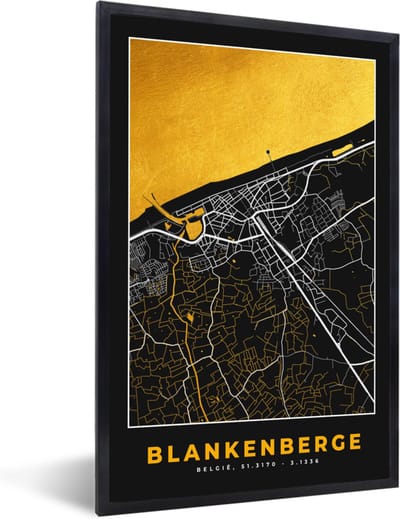 Fotolijst incl. Poster - Plattegrond - Stadskaart - Blankenberge - Goud - Kaart - 40x60 cm - Posterlijst