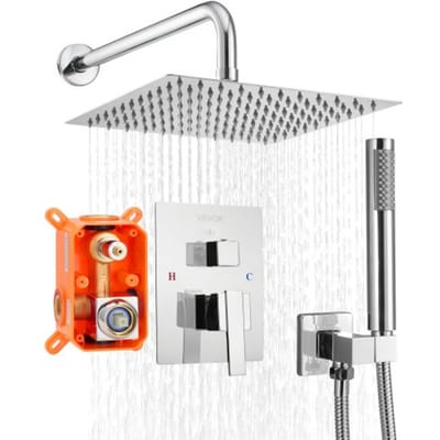 VEVOR Douchekraan Regendouchesysteem voor Badkamer Douchesysteem met 254 mm Vierkante Regendouchekop & Handdouche, Wandgemonteerde Badkamerkranen met Messing Klep & Afwerkingsset, Zilver Chroom