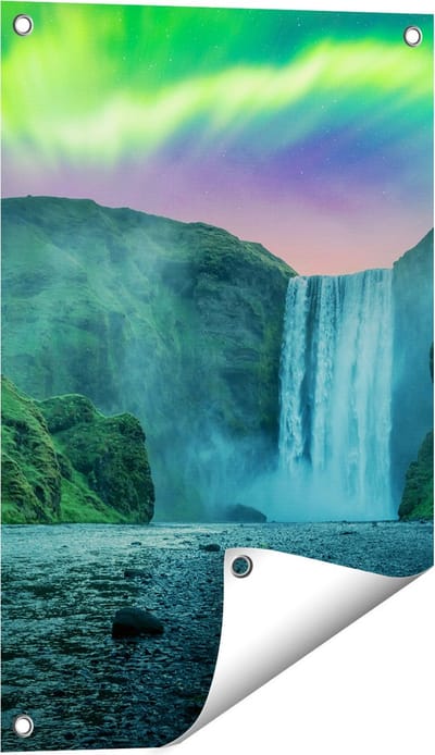 Gards Tuinposter Waterval met het Groene Noorderlicht - 40x60 cm - Tuindoek - Tuindecoratie - Wanddecoratie buiten - Tuinschilderij