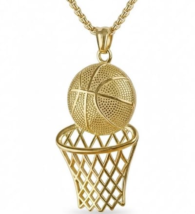 Goudkleurige schakel ketting met basketbal en basket hanger voor heren – metalen sportketting met 3D basketbalontwerp