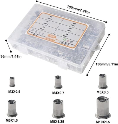 Dailygoods- Klinkmoeren 220 Stuks - Roestvrij Staal - Vlakke Kopmoeren - M3/M4/M5/M6/M8/M10 - Handmatig/Pneumatisch - Duurzaam en Lichtgewicht - Blindklinkmoeren