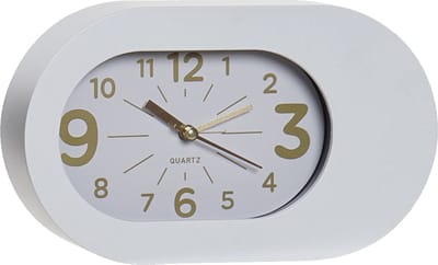Items Wekker/alarmklok Montreux - wit - kunststof - 22 x 13 cm - met snooze knop - batterij voeding