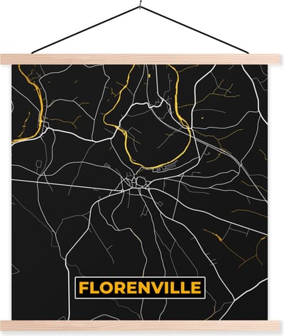 Posterhanger incl. Poster 40x40 cm - Schoolplaat - Goud - Kaart - Stadskaart - Plattegrond - Florenville - Textielposter - Blanke latten - Stadskaart