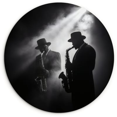 WallCircle® Wandcirkel 120x120 cm - Muurcirkel Saxofonisten - Hoeden - Rook - Licht - Muurdecoratie woonkamer - Wanddecoratie slaapkamer - Kamer decoratie accessoires - Ronde schilderijen XXL
