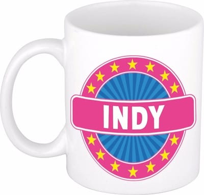 Bellatio Decorations - Indy voornaam - koffiemok - beker - wit/roze - 300 ml - Cadeau - Dames - Collega - Moederdag - Verjaardag