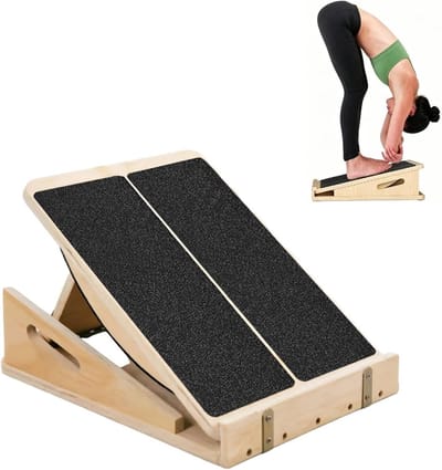 Verstelbare kuitstrekker van hout met draaggreep, ideaal voor mobiliteit, fitness en dagelijkse kuittraining met 5 hoeken
