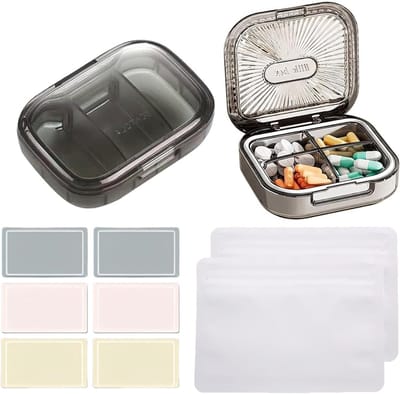 Compacte Medicijn Organizer met 6 Compartimenten, Draagbare Pillendoos voor Reizen, Ideaal voor Voedingssupplementen, Set van 2 Pouches en 6 Labels voor Gemakkelijk Gebruik