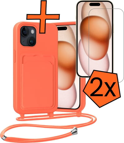 Hoesje Geschikt voor iPhone 15 Plus Hoesje Met Telefoonketting Pasjeshouder Case Met 2x Screenprotector Koord - Hoesje Geschikt voor iPhone 15 Plus Hoes Met Kaarthouder - Papaya