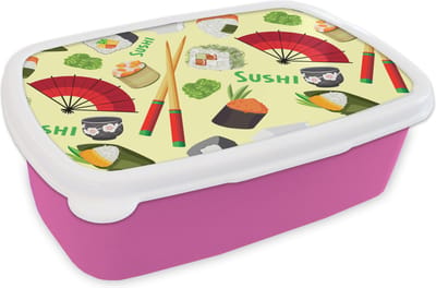 Broodtrommel Roze - Lunchbox - Brooddoos - Sushi - Japan - Patronen - 18x12x6 cm - Kinderen - Meisje