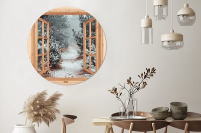 WallCircle - Wandcirkel - Muurcirkel - Bos - Winter - Bomen - Natuur - Pad - Doorkijk - Aluminium - Dibond - 140x140 cm - Binnen en Buiten