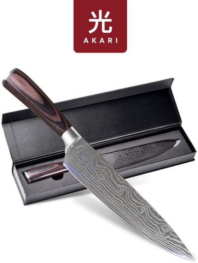 Akari® Japans Koksmes 20cm – Vlijmscherp RVS Lemmet – Luxe Pakkawood Heft – Professioneel Chef’s Knife – Keukenmes voor Vlees, Vis & Groenten