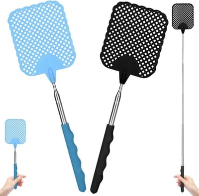Verlengbare vliegenmepper met roestvrijstalen handvat, 2 stuks, ideaal voor binnen en buiten, verstelbaar van 26,5 cm tot 73 cm, stevig en duurzaam