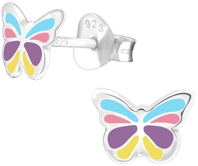 Joy|S - Zilveren vlinder oorbellen - 8 x 6 mm - zilver met blauw roze paars en geel - kinderoorbellen