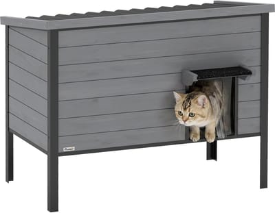 PawHut Kattenhuis-Vurenhout, kunststof-85L x 55B x 70H cm-Lichtgrijs