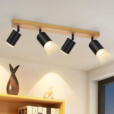 Glitzerlife - Plafondspot Plafondlamp - 4xGU10 draaibaar - Opbouwspot verstelbaar - Hout Aluminium retro stijl - Ø54cm - Zwart