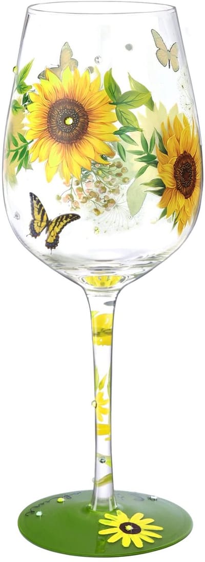 Dailygoods- Wijnglas Handgeschilderd - 15oz - Zonnebloem/Vlinder - Ambachtelijk - Kleurig - Decoratief Drinkgerei - Drinkglas
