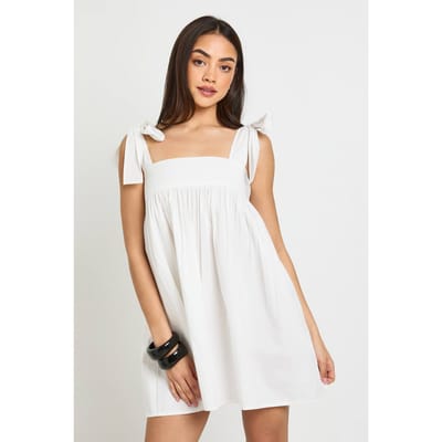 boohoo Dames Mini Smock Jurk Met Strikschouders | Wit | Maat: 38