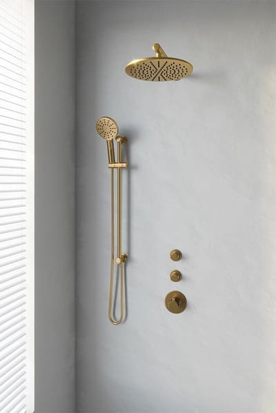 Brauer Gold Edition thermostatische inbouw regendouche SET 20 met 30 cm douchekop en rechte muurarm en 3-standen handdouche en doucheslang en geïntegreerde glijstang goud geborsteld PVD