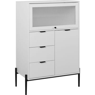 Buffet - MUVOE - 85 x 40 x 120 cm - 3 tiroirs - 2 portes (1 vitrée) - Blanc, panneaux de particules