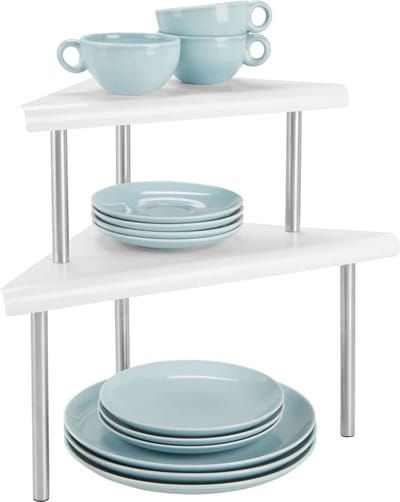 Keukenrek - keukenschappen/hoekrek/bergruimte voor keukenaccessoires - voor werkbladen en keukenkastjes - met 2 etages/metaal en roestvrij staal - mat wit