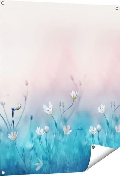 Gards Tuinposter Witte Bloemen op een Blauw Achtergrond - 80x100 cm - Tuindoek - Tuindecoratie - Wanddecoratie buiten - Tuinschilderij