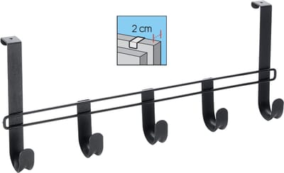 Metaltex - Kapstok voor opdekdeur van 2 cm - Zwart - deurkapstok - 5 haken - 38x6x15 cm